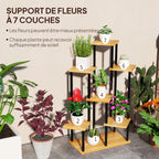 Support à plantes à 7 niveaux, étagère plante en acier et bois, bois naturel