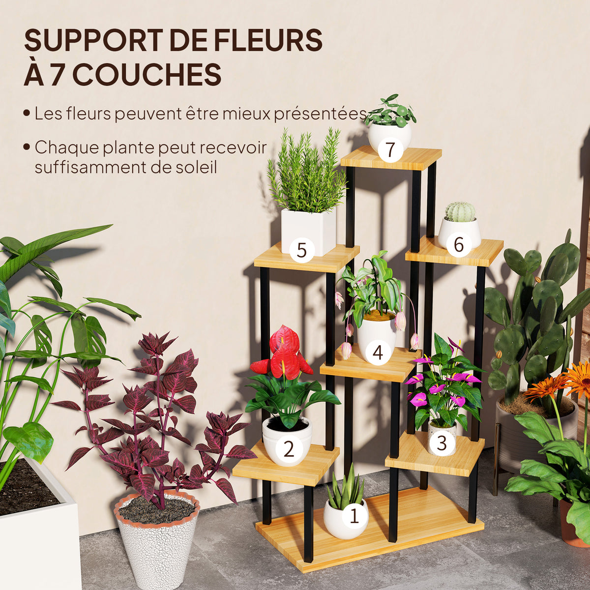 Support à plantes à 7 niveaux, étagère plante en acier et bois, bois naturel