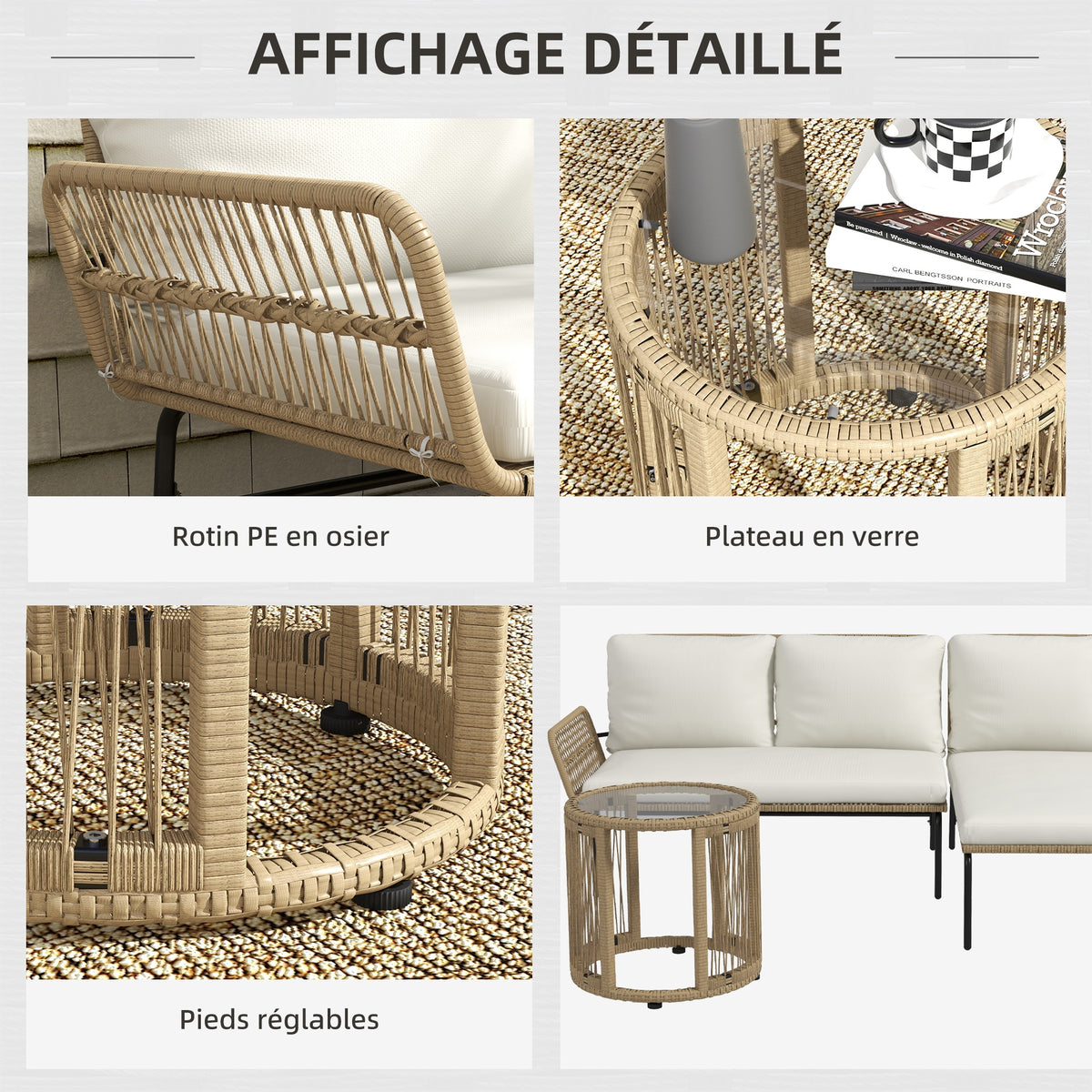 Salon de jardin d'angle 3 places avec canapés, chaise longue, table basse et coussins, crème