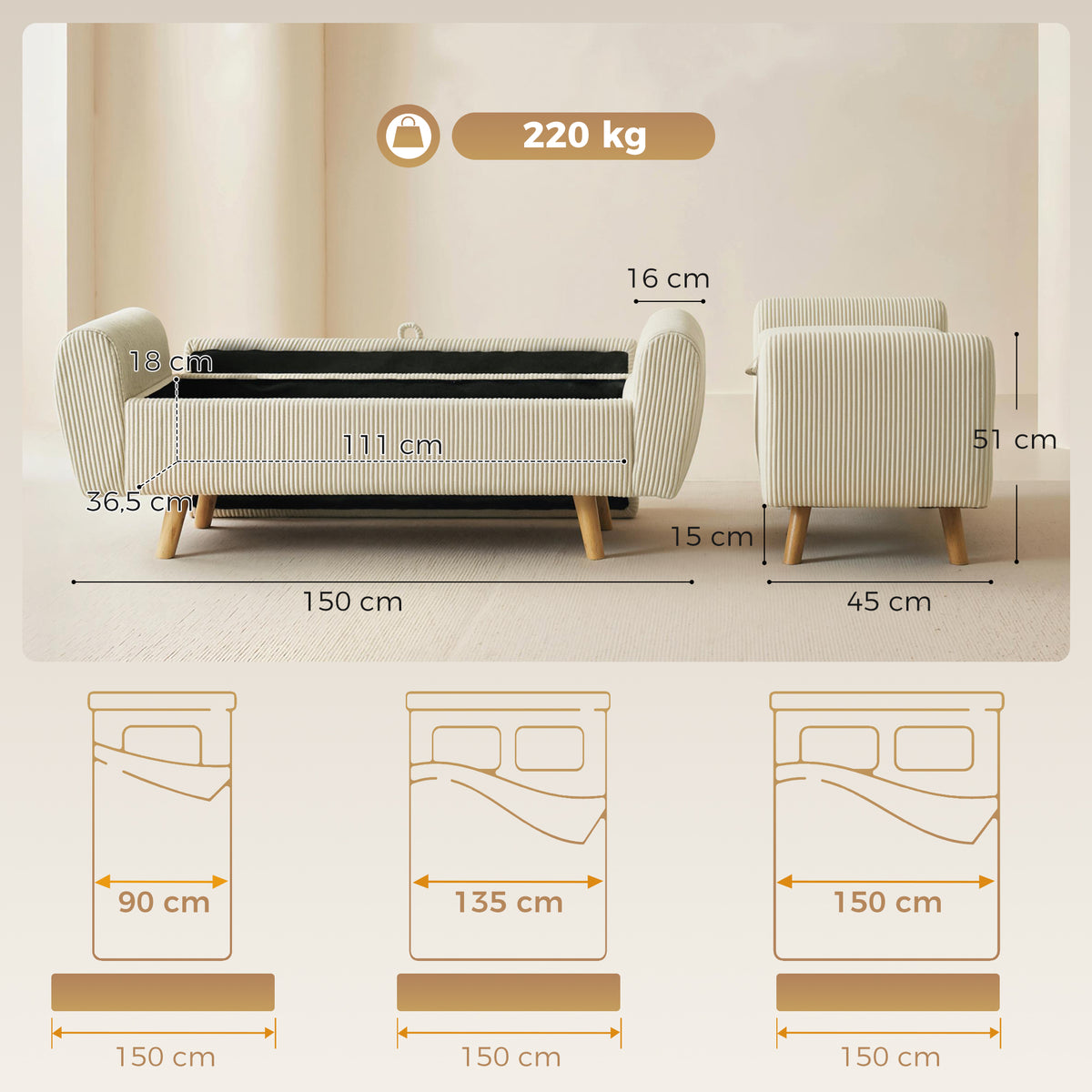 Banc de rangement 73 L, coffre de rangement et pieds en bois d'hévéa, beige