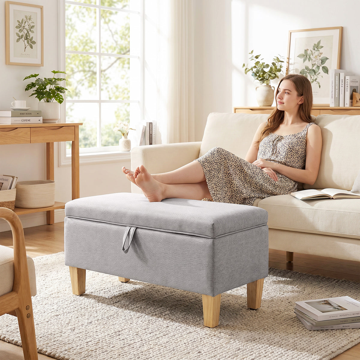 Banc de rangement, en lin avec pieds en bois de caoutchouc, 71x37x36cm, gris clair