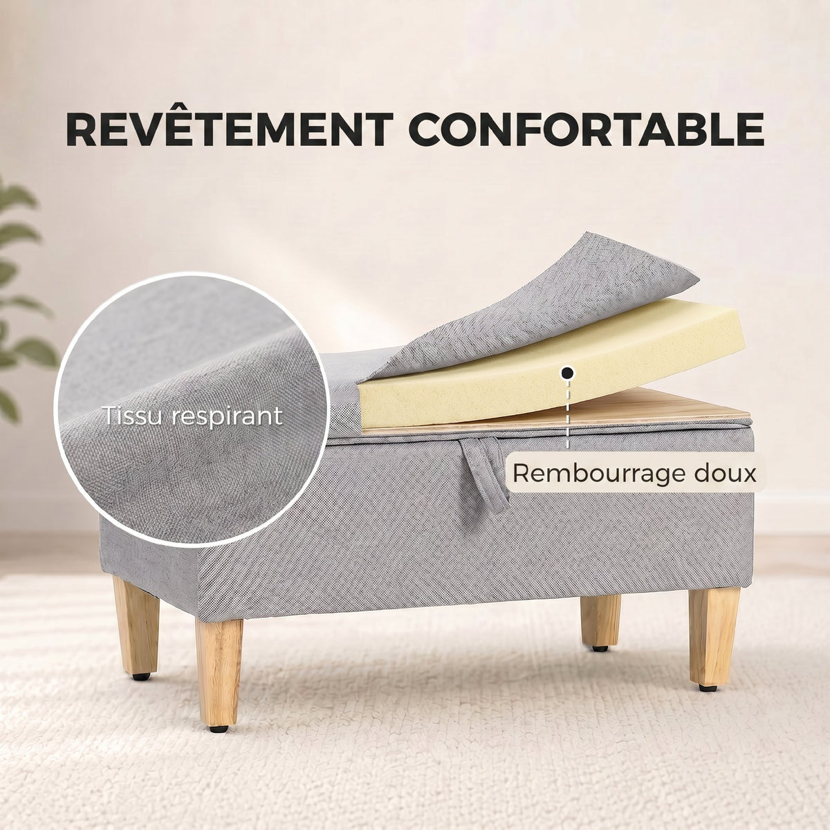 Banc de rangement, en lin avec pieds en bois de caoutchouc, 71x37x36cm, gris clair