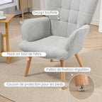 Fauteuil avec repose pied, pieds en bois et tissu aspect velours, gris