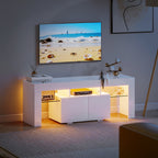 Meuble TV, éclairage LED, étagères en verre trempé, 120x34x45cm, blanc