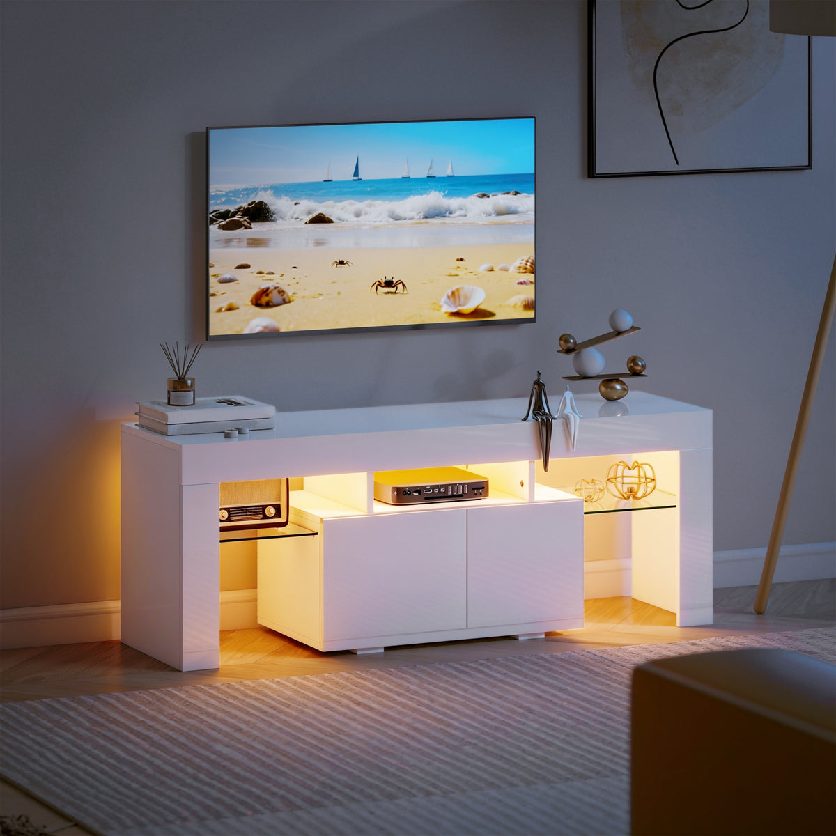 Meuble TV, éclairage LED, étagères en verre trempé, 120x34x45cm, blanc