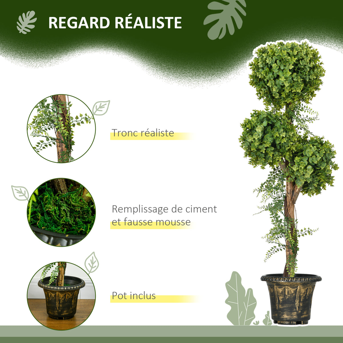 Plante artificielle, 3 boules de buis avec pot ciment, hauteur 115 cm