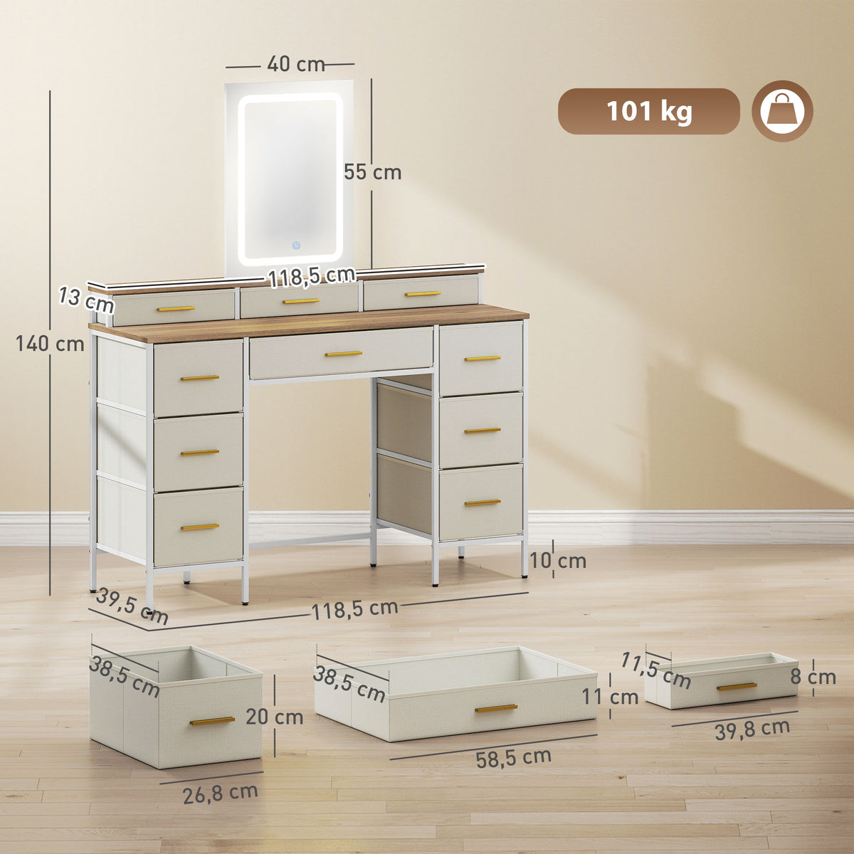 Coiffeuse avec miroir et lumières LED 118,5 x 39,5 x 140 cm