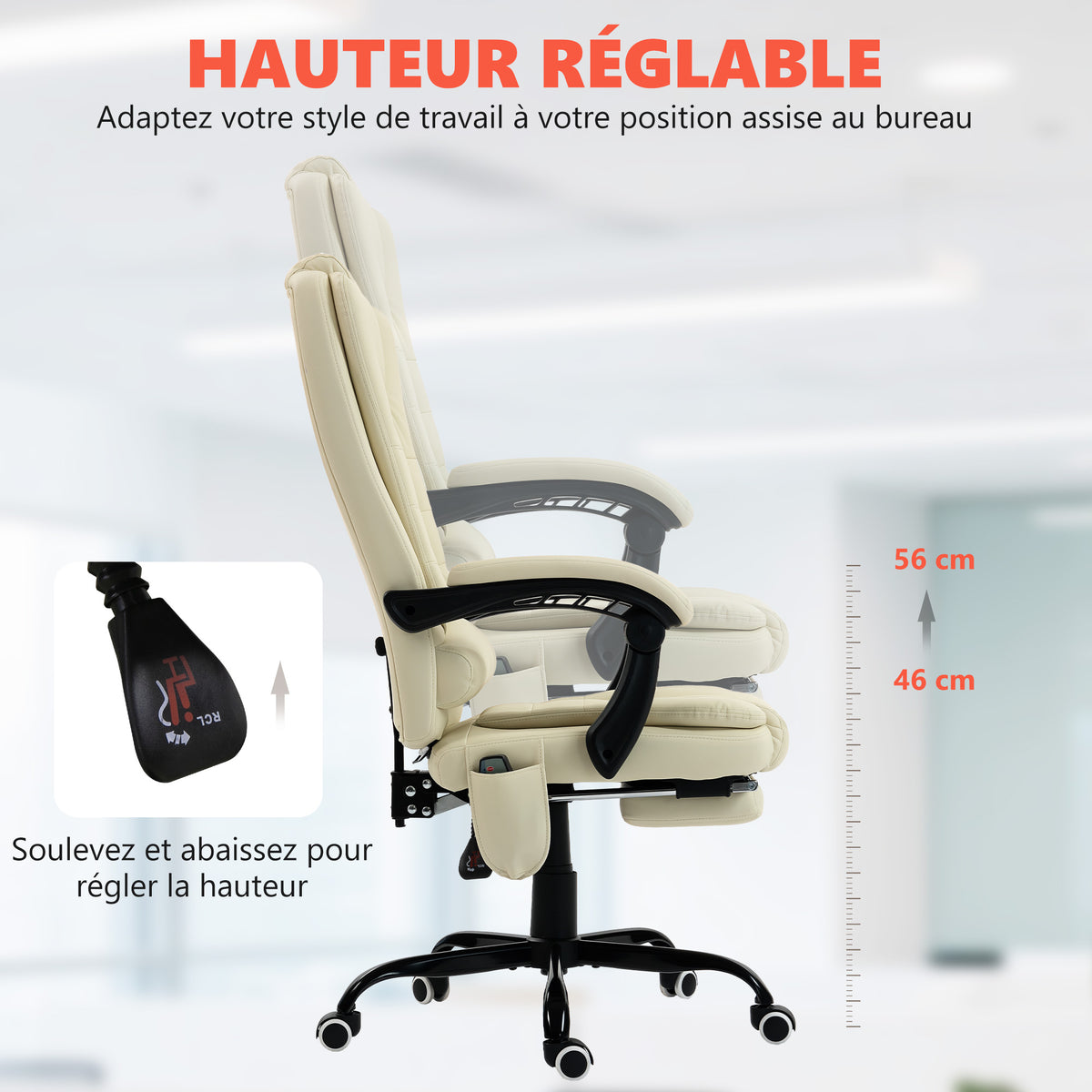 Fauteuil de bureau massant, dossier inclinable et télécommande filaire, beige