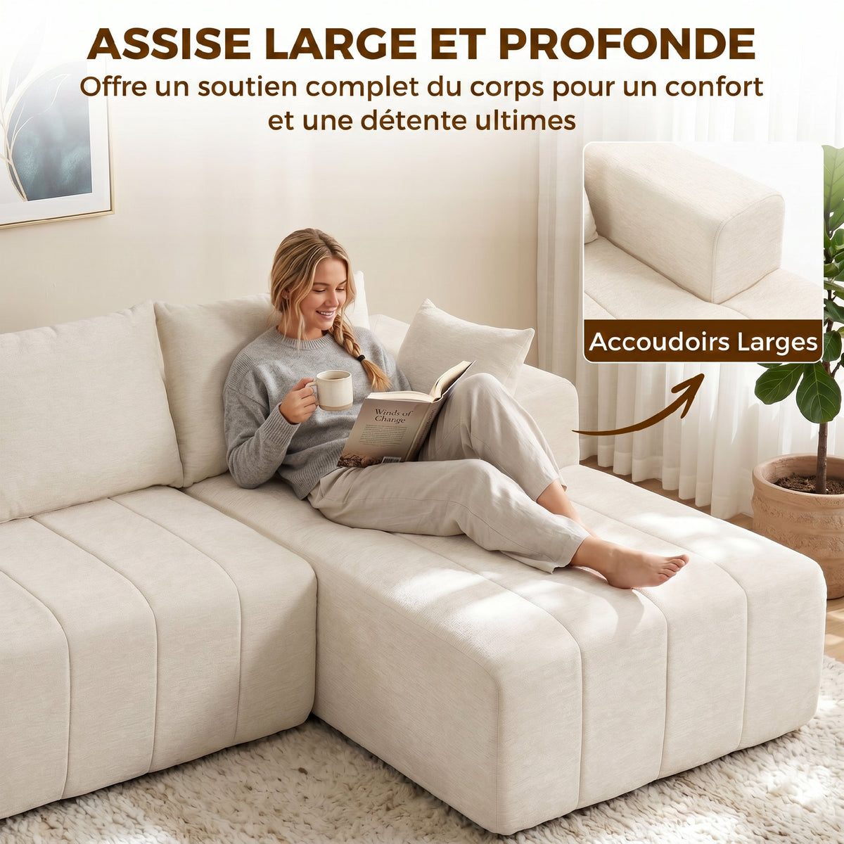 Canapé d'angle 256 cm avec méridienne, canapé-lit 3 places, beige