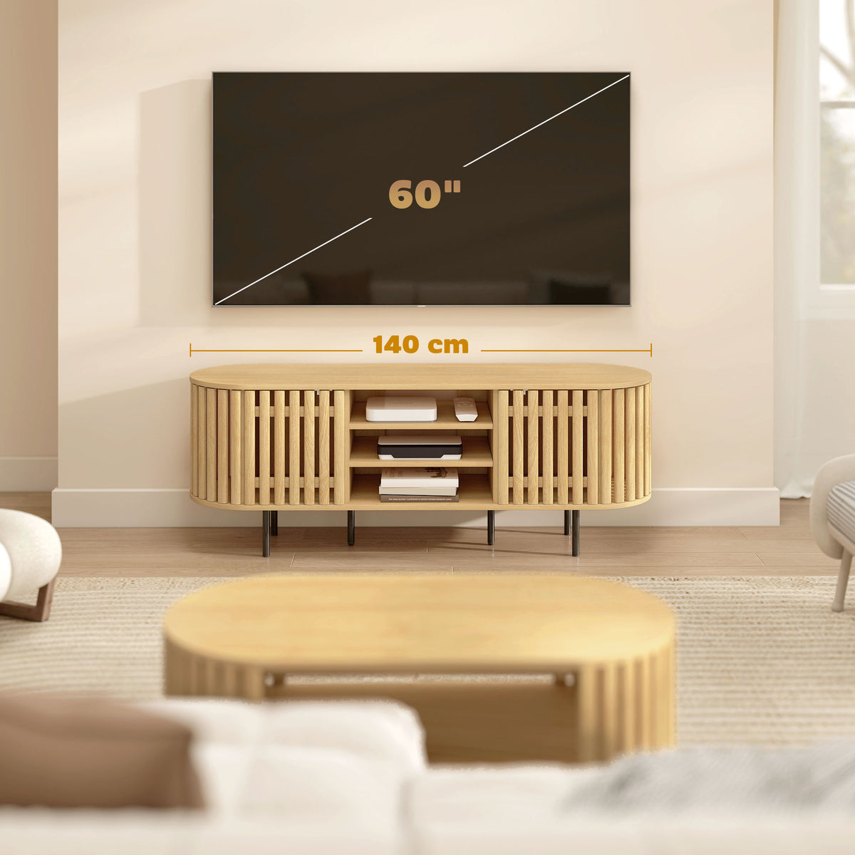 Meuble TV, 60 pouces, 2 portes à lattes, 140x40x52cm, bois naturel