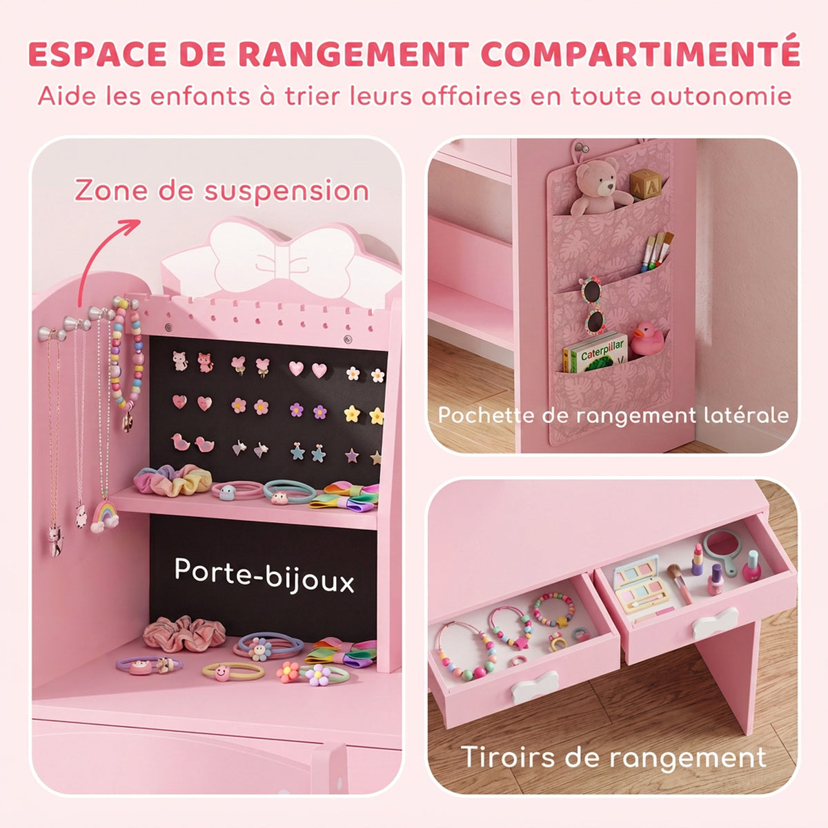 Coiffeuse pour Enfants avec Tabouret et Miroir Lumineux, Rose