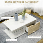 Table basse rectangulaire, 2 tiroirs 2 niches étagère verre trempé, chêne clair