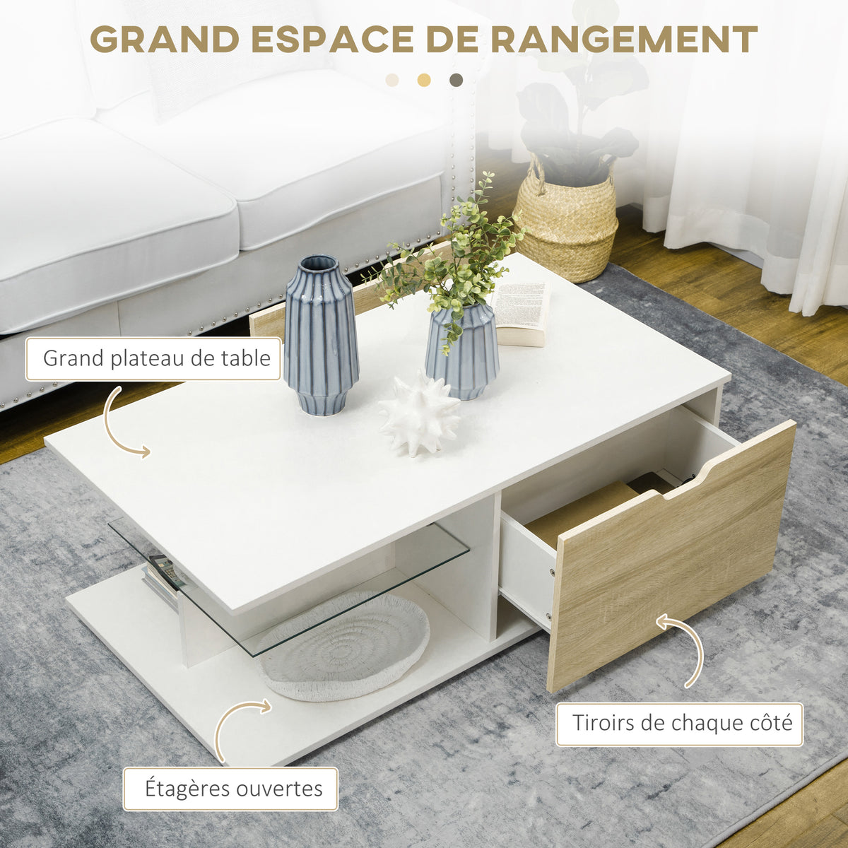 Table basse rectangulaire, 2 tiroirs 2 niches étagère verre trempé, chêne clair
