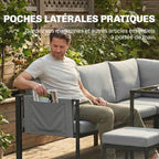 Salon de Jardin Canapé 6 Pièces Coussins 10cm Table Haute et 2 Repose-pieds Gris