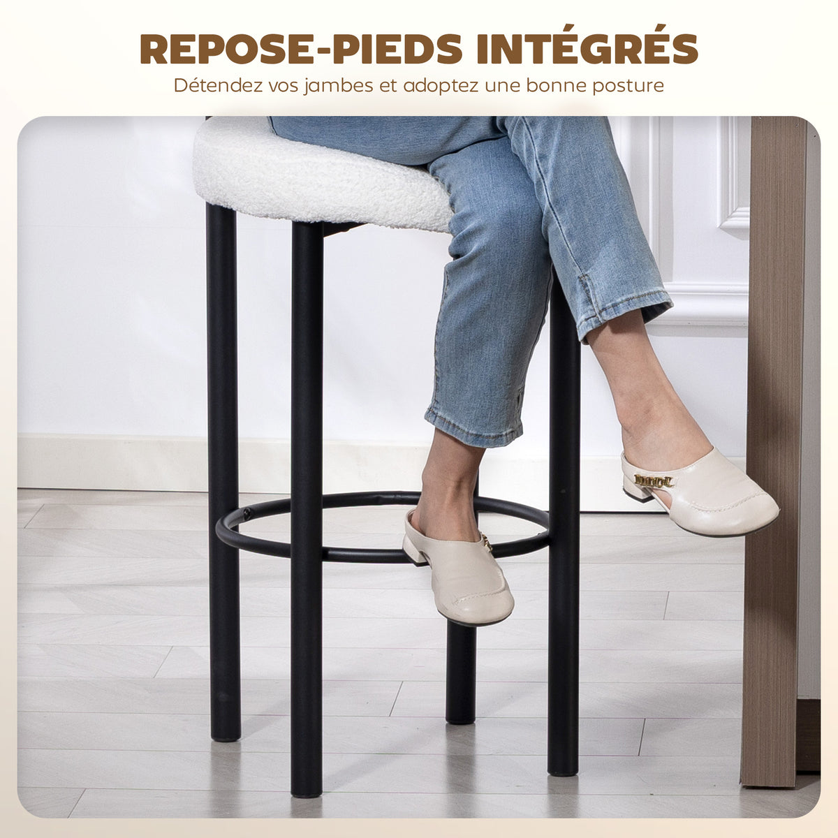 Lot de 2 tabourets de bar, dossier incurvé, repose-pieds, 50x52,5x98cm, blanc