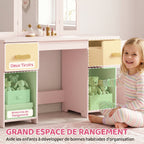 Coiffeuse pour Enfants avec Tabouret, Miroir à Trois Volets en Acrylique, 2 Tiroirs et 2 Placards, Rose
