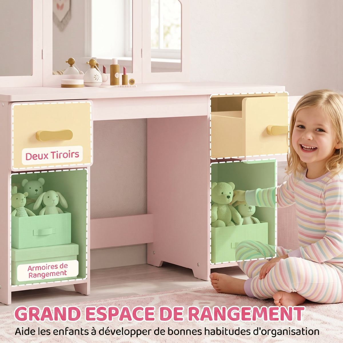 Coiffeuse pour Enfants avec Tabouret, Miroir à Trois Volets en Acrylique, 2 Tiroirs et 2 Placards, Rose