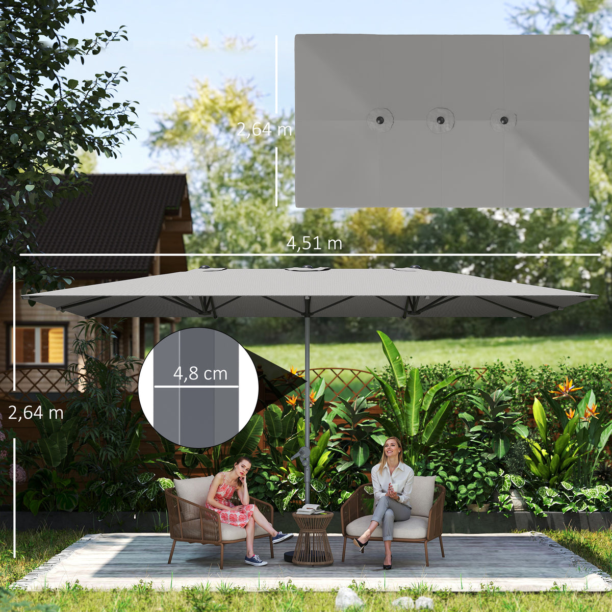 Parasol de jardin, rectangulaire 451 x 264 cm avec manivelle toile polyester 200g/m² gris foncé