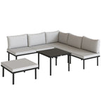 Salon de jardin modulable 6 personnes, table basse avec plateau en verre trempé, gris clair
