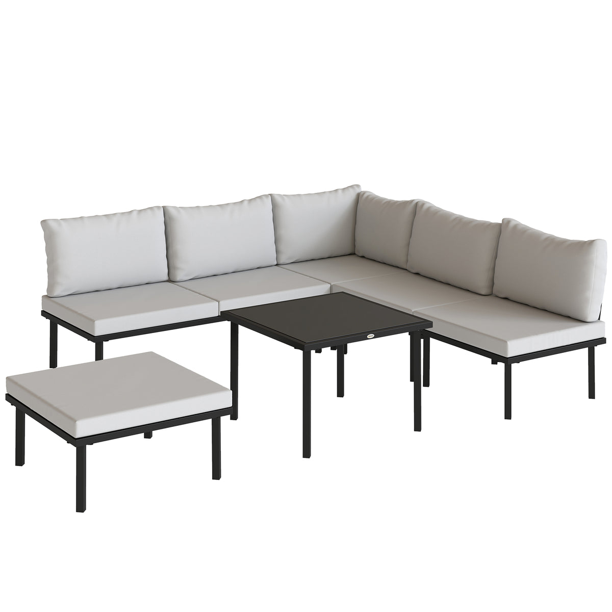 Salon de jardin modulable 6 personnes, table basse avec plateau en verre trempé, gris clair
