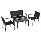 Salon de jardin extérieur 4 pièces avec canapé 2 places, 2 chaises et table basse en verre trempé, noir