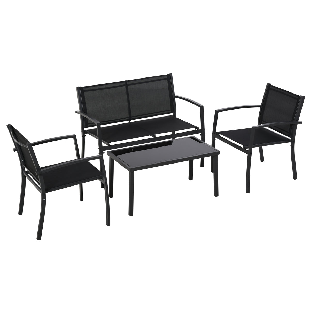 Salon de jardin extérieur 4 pièces avec canapé 2 places, 2 chaises et table basse en verre trempé, noir