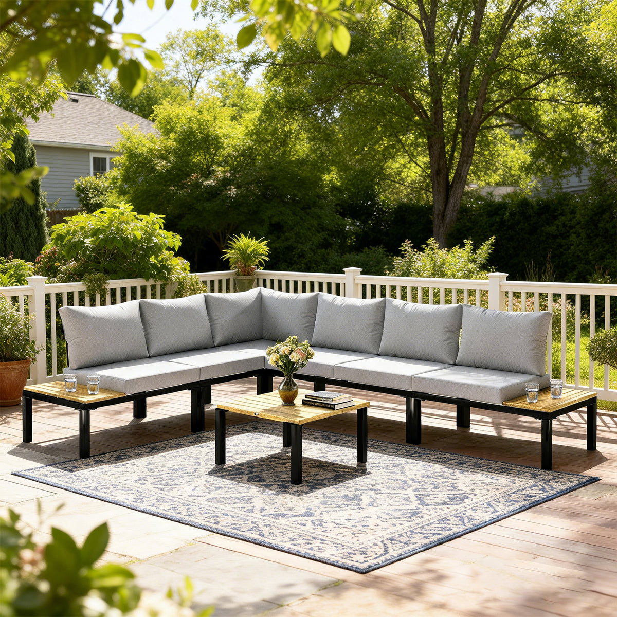 Salon de Jardin Modulaire 6 Pièces,Transformable en Lit, Table Basse et Plateaux Latéraux Gris