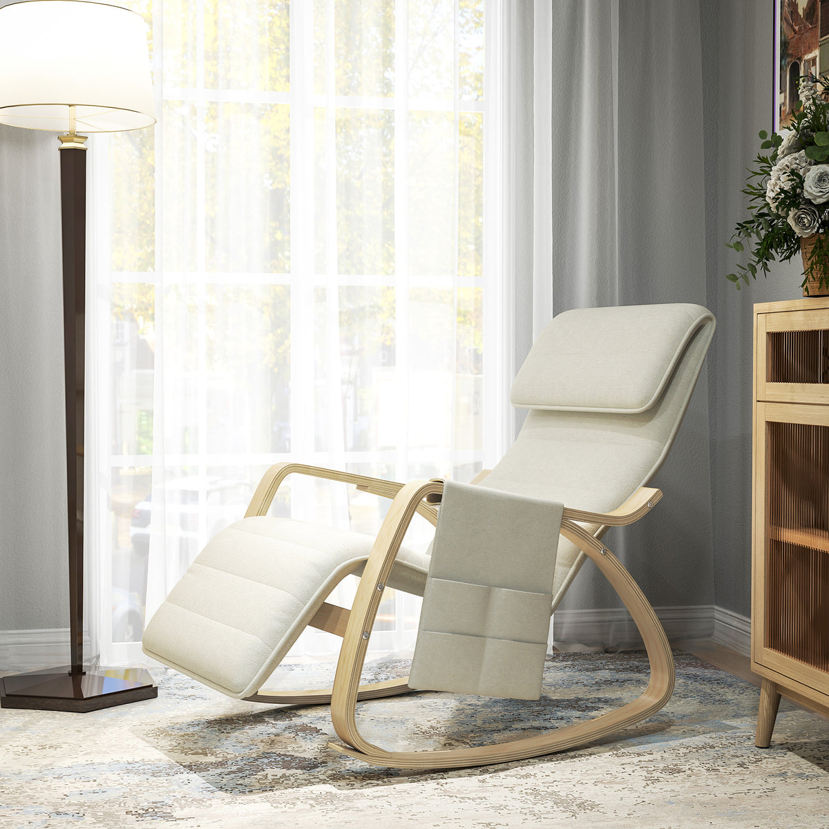 Fauteuil à bascule avec repose-pieds réglable, poche latérale, blanc crème