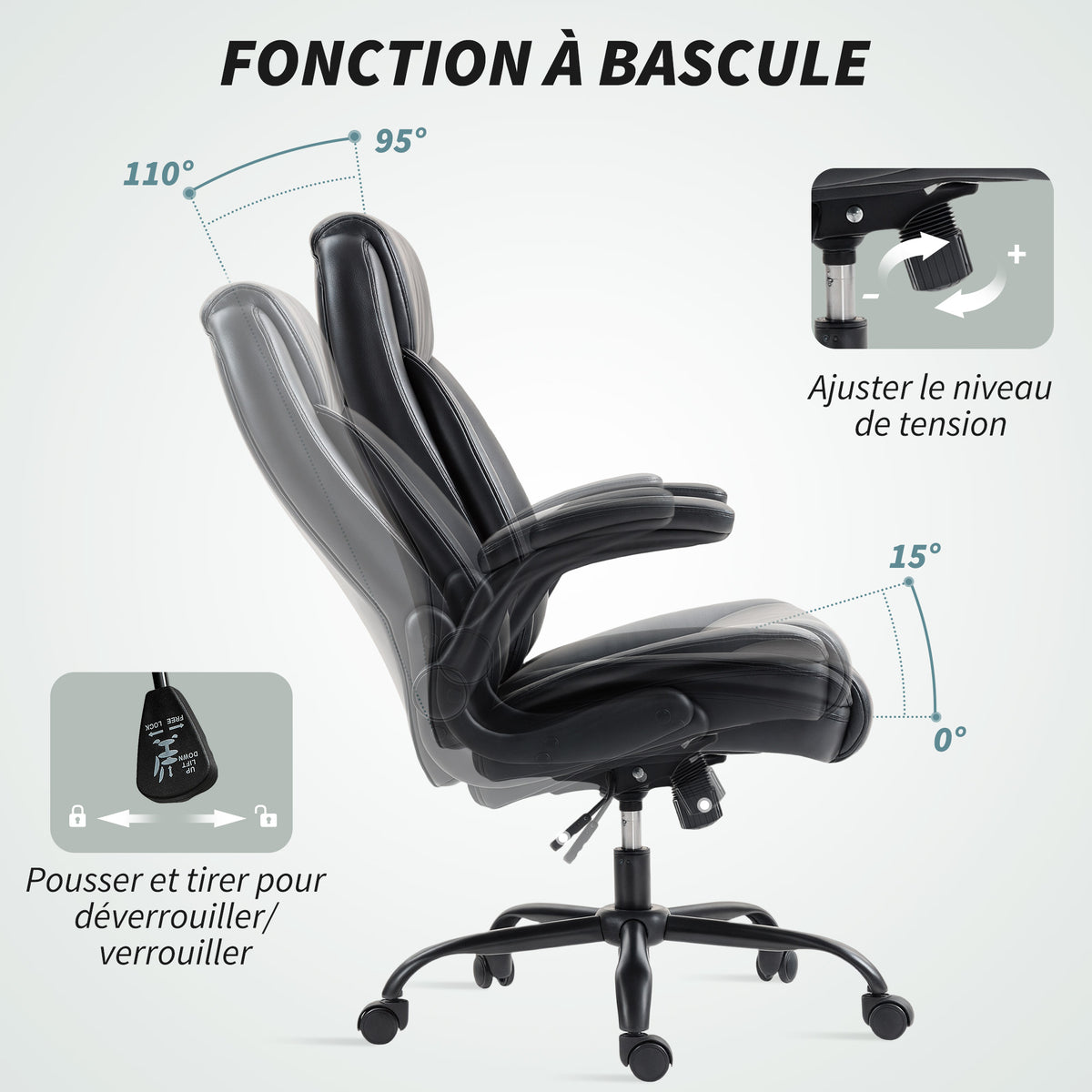 Fauteuil de bureau, ergonomique, bascule, noir