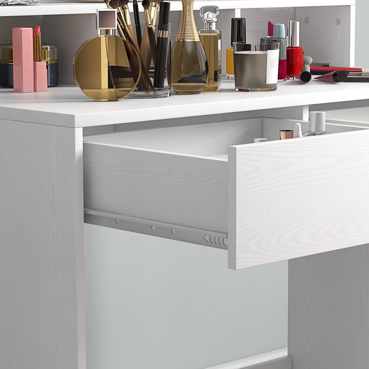 Coiffeuse avec miroir, tiroirs, 3 modes d'éclairage, 10 ampoules, 80 x 40 x 135 cm, blanc