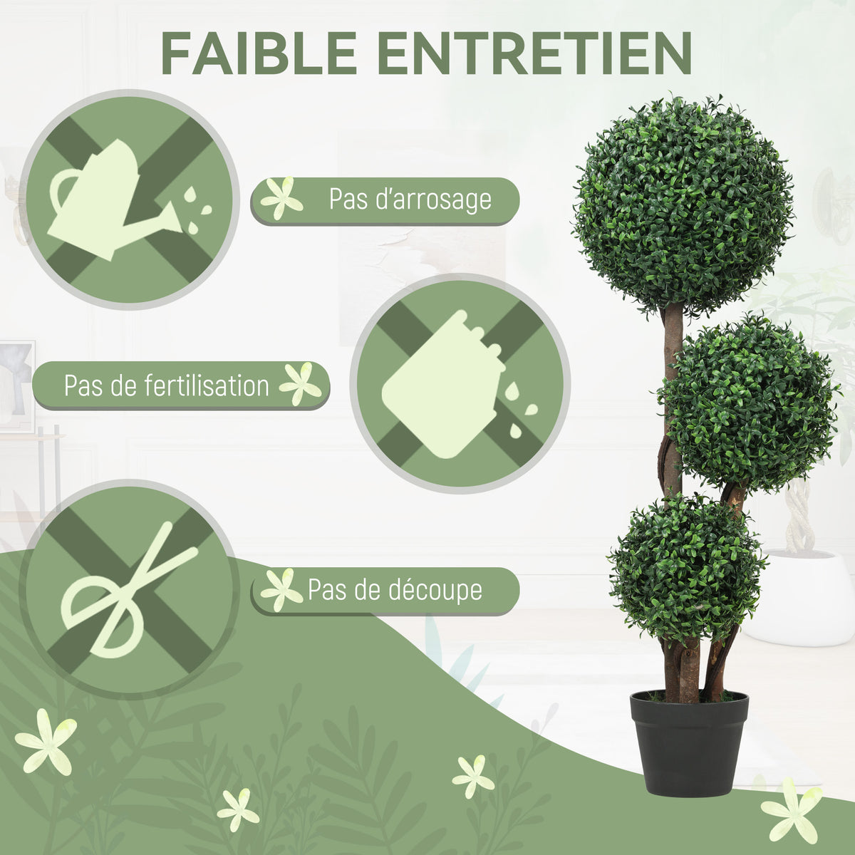 Plante Artificielle 100 cm, 3 Boules de Buis, Pot, Vert