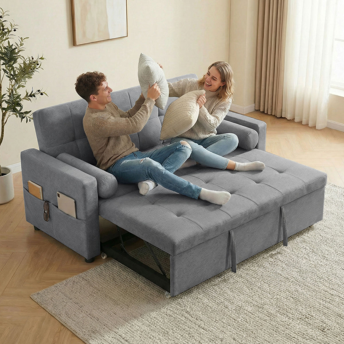 Canapé convertible 2 places, canapé-lit, 2 coussins 80,5x137,5x84cm gris