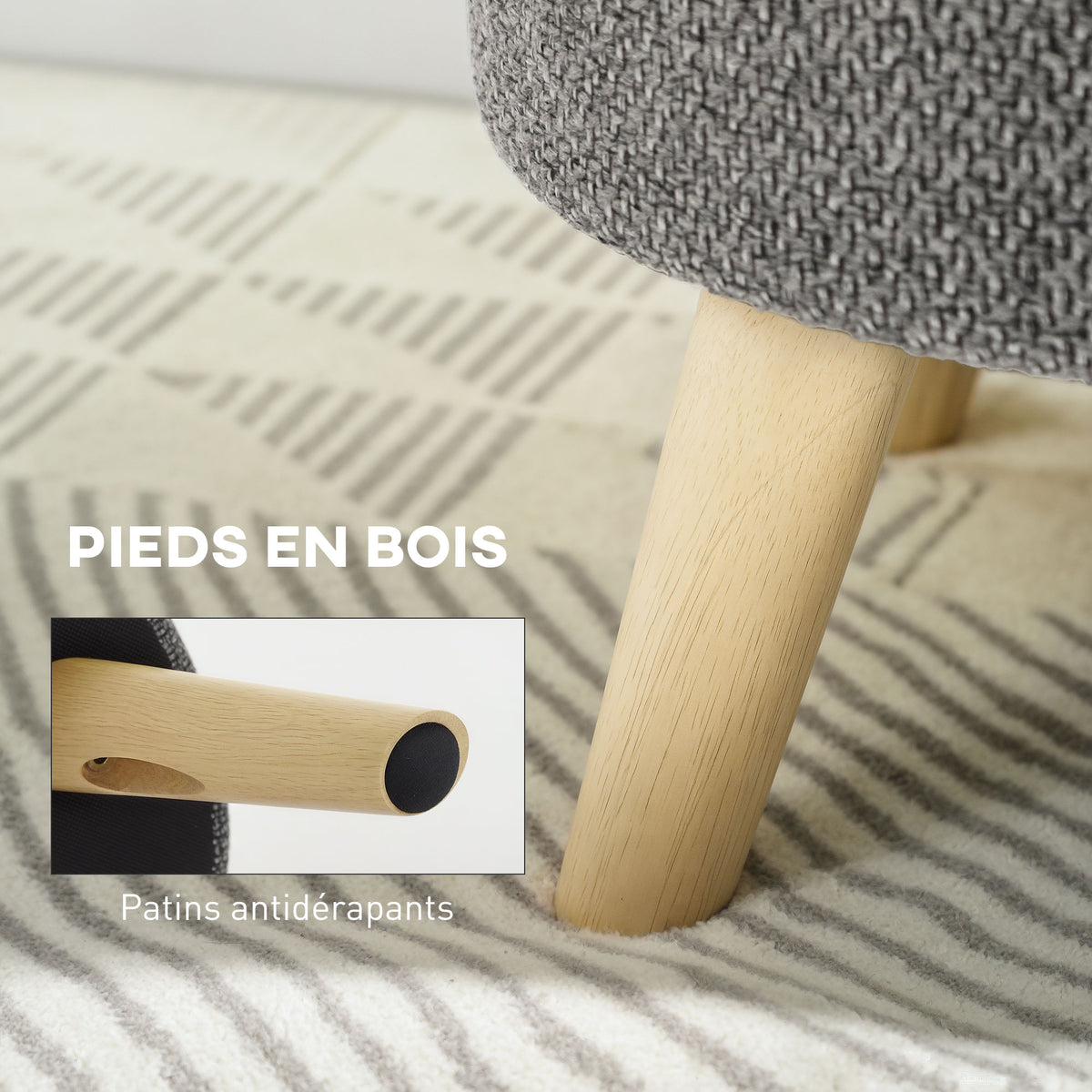Pouf rond repose-pieds avec coffre de rangement pieds en bois gris
