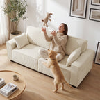Canapé 3 places en velours 218 cm, coussins à ressorts, 2 coussins, beige