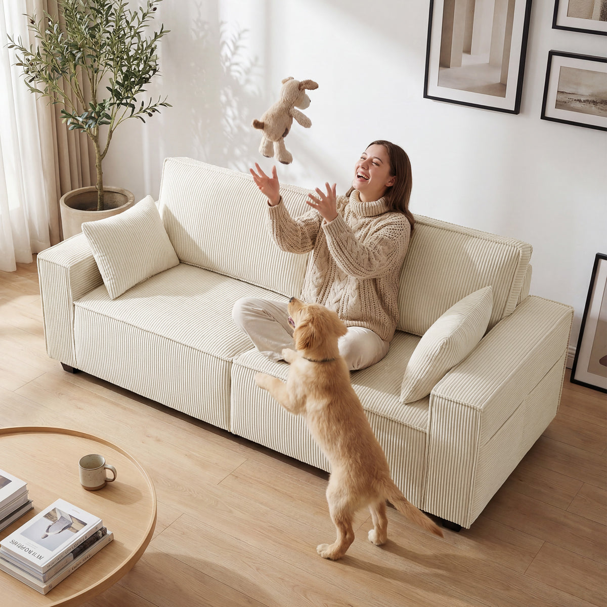Canapé 3 places en velours 218 cm, coussins à ressorts, 2 coussins, beige