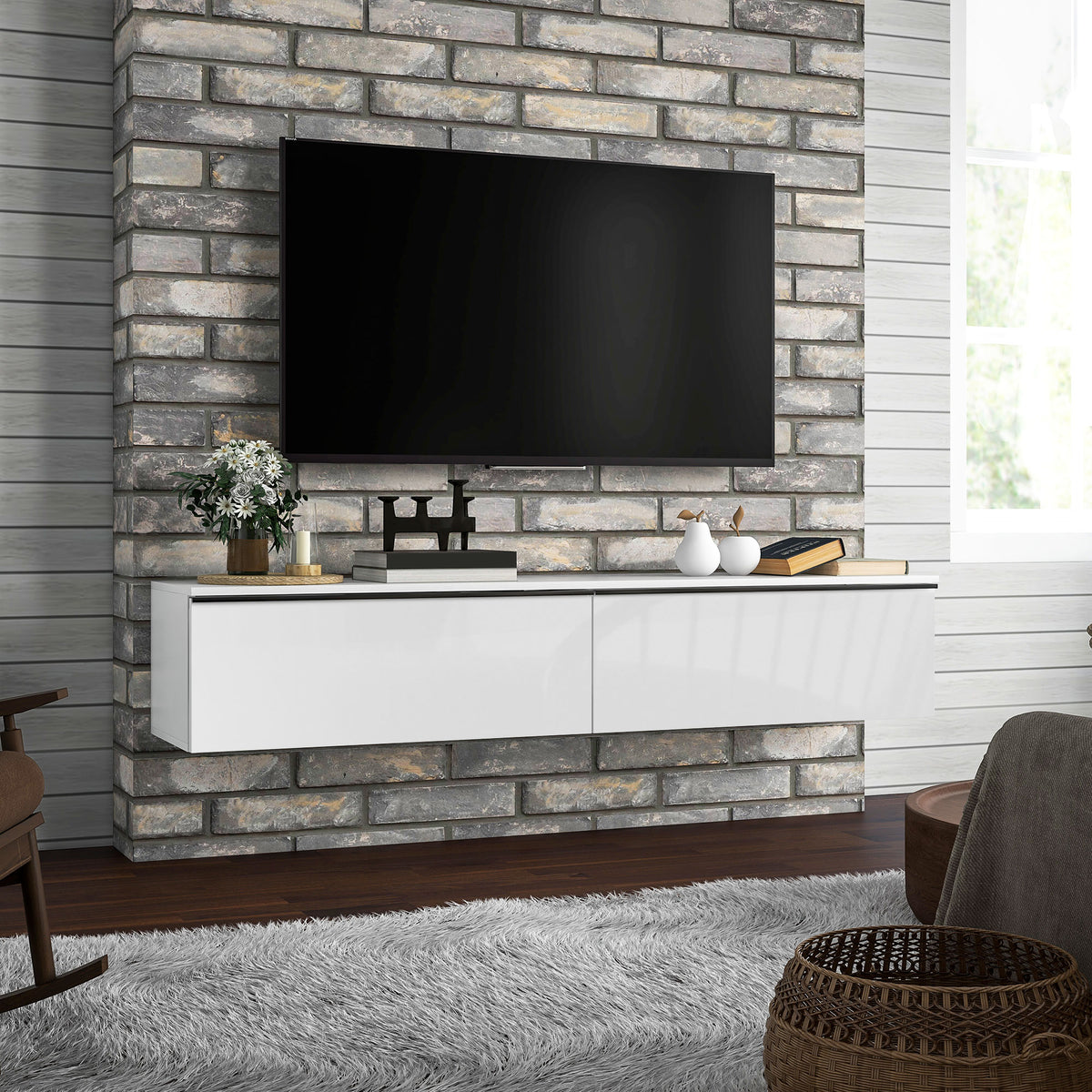 Meuble TV suspendu avec placard, jusqu'à 70 pouces, blanc