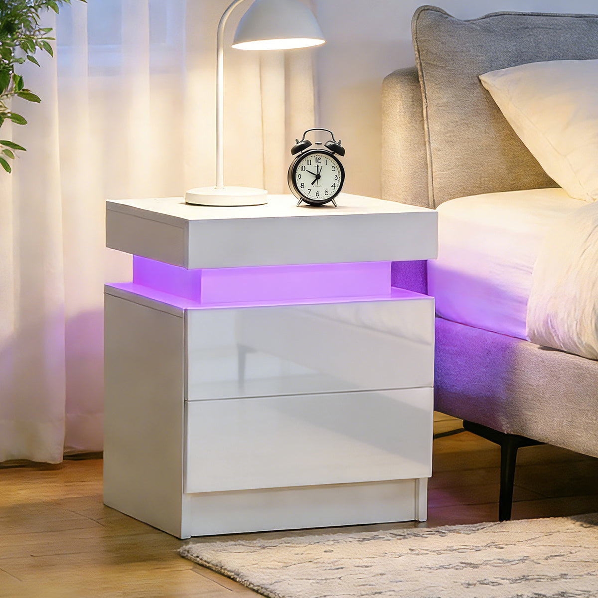Table de chevet lumière LED RVB avec haute brillance avec 2 tiroirs blanc