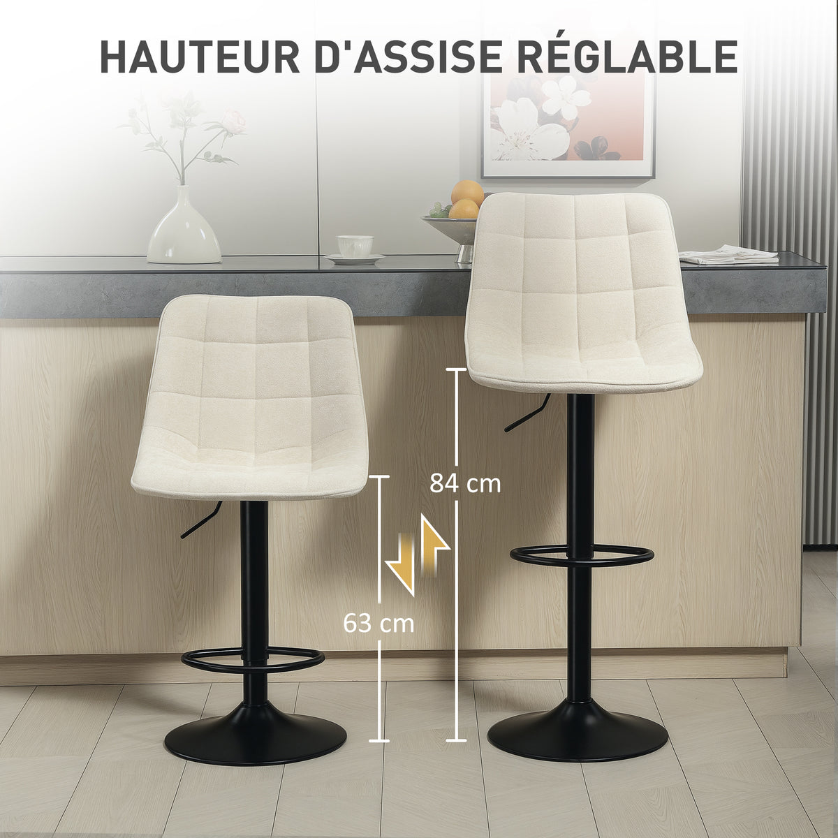 Lot de 2 tabourets de bar, dossier pivotant 360° 47x48x117,5cm beige