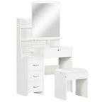 coiffeuse avec tabouret, grand miroir, étagères ouvertes, 4 tiroirs blanc