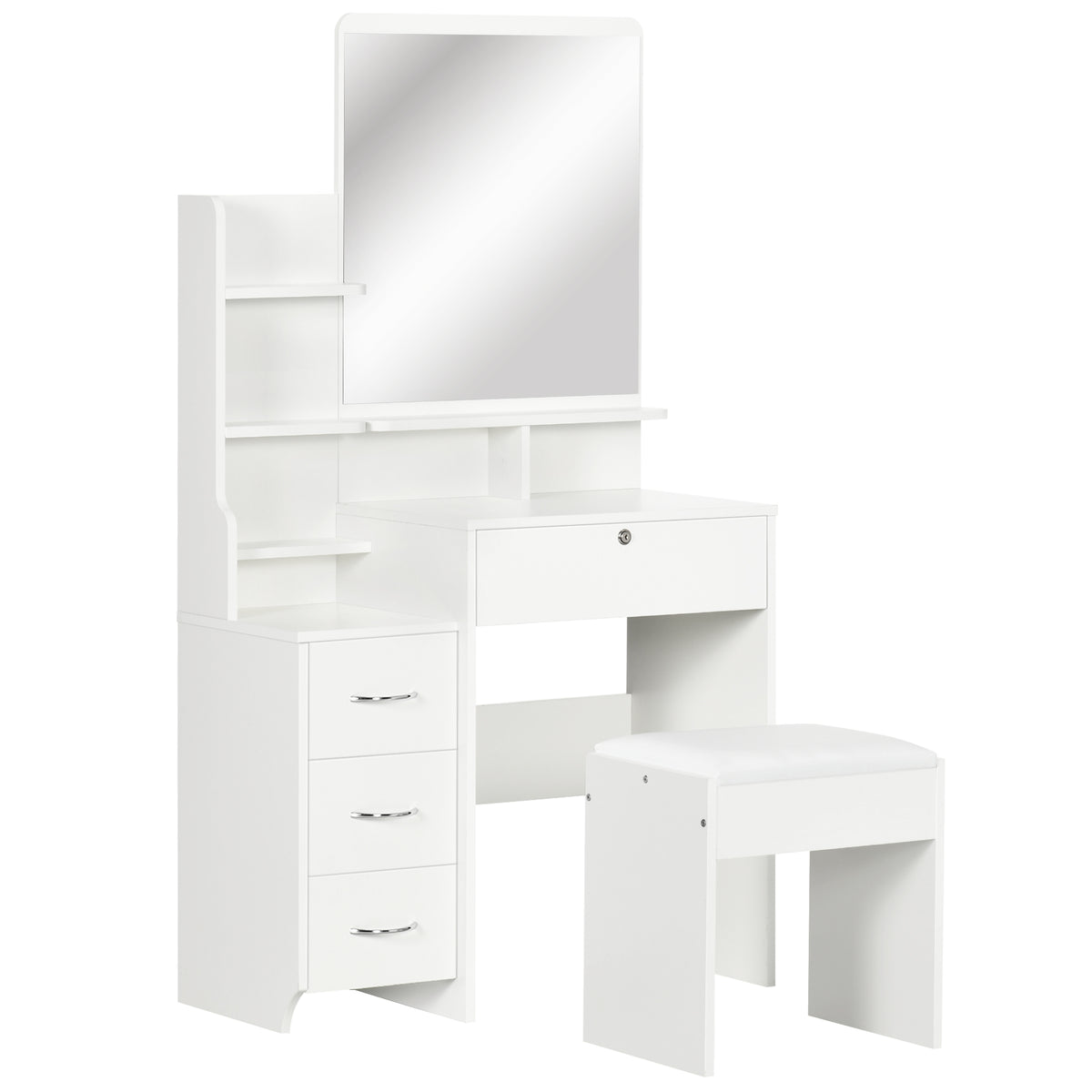 coiffeuse avec tabouret, grand miroir, étagères ouvertes, 4 tiroirs blanc
