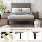 Cadre de lit double 140 x 190 cm, tête de lit réglable sommier 150 x 198 x 100/105/110/115/120 cm gris