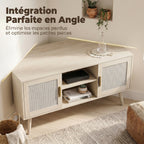 Meuble TV d'Angle 115 cm, jusqu'à 65 Pouces, 2 Portes en Rotin 2 Compartiments, Chêne