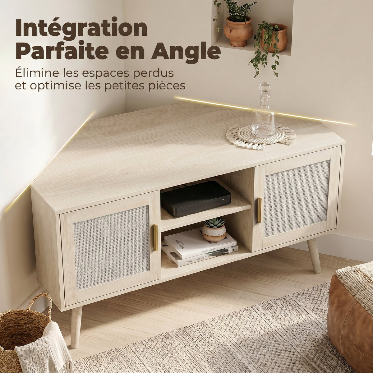 Meuble TV d'Angle 115 cm, jusqu'à 65 Pouces, 2 Portes en Rotin 2 Compartiments, Chêne