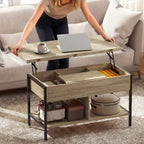 Table basse relevable et extensible, compartiment caché étagères ouvertes, 98x49x55cm, bois naturel