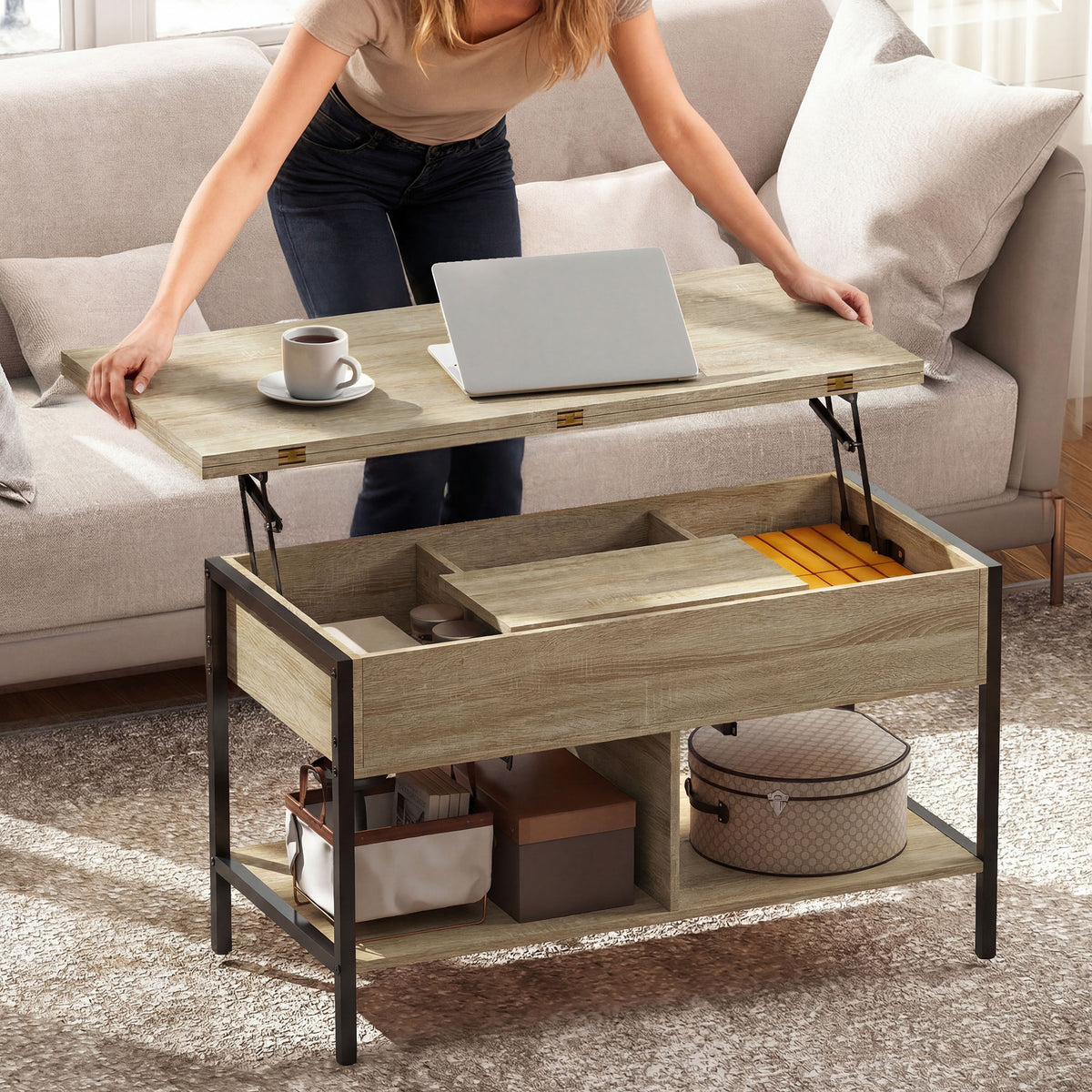 Table basse relevable et extensible, compartiment caché étagères ouvertes, 98x49x55cm, bois naturel