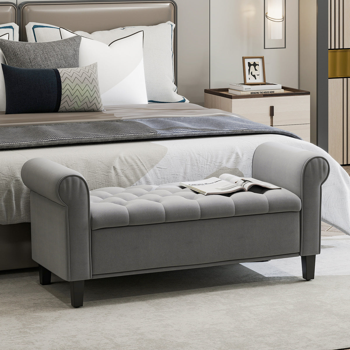 Banc de rangement bout de lit avec accoudoirs, tissu effet velours rembourré, 126 x 48,5 x 57 cm, gris