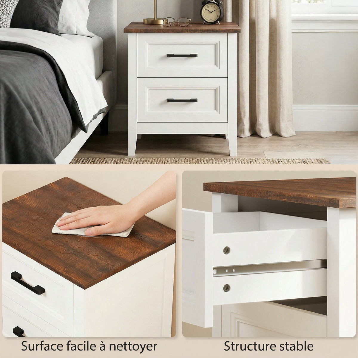 Table de chevet avec 2 tiroirs, plateau effet bois, style rustique, blanc