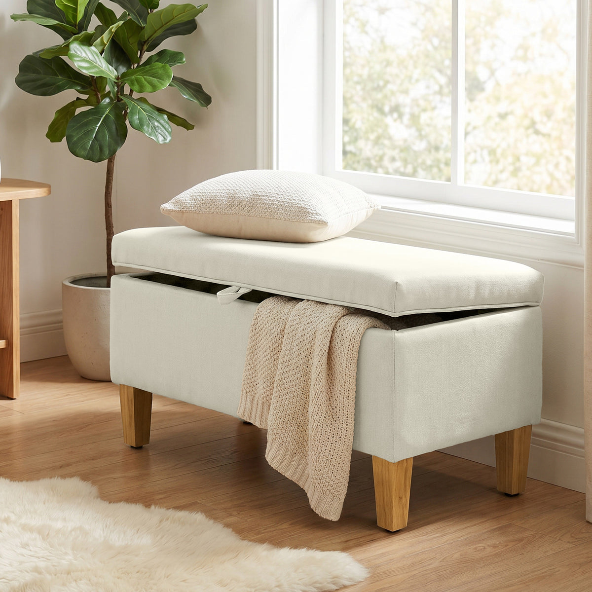 Banc de rangement, bout de lit, 71x37x36cm, beige