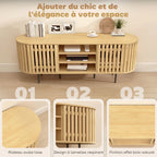 Meuble TV, 60 pouces, 2 portes à lattes, 140x40x52cm, bois naturel
