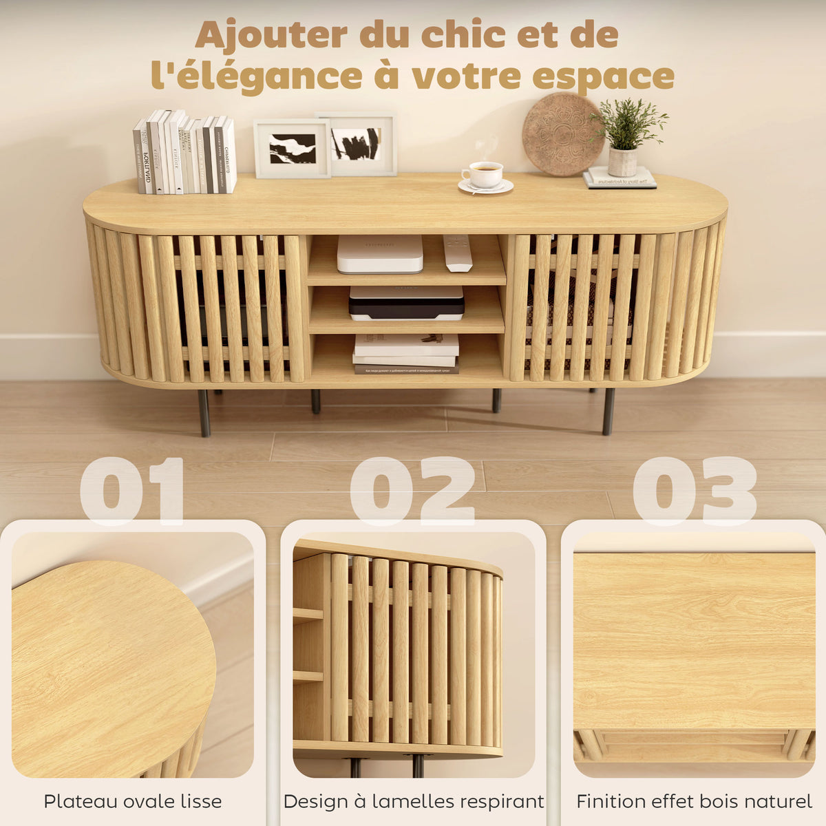 Meuble TV, 60 pouces, 2 portes à lattes, 140x40x52cm, bois naturel